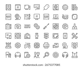 Computer hardware icon set. Vector line icons collection. Outline symbols. Modern design