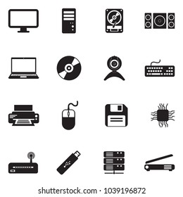 Computer Hardware Icons. Black Flat Design. Vector Illustration. 