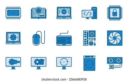 Computer Hardware Icons Blue Color, cooling system, software,laptop