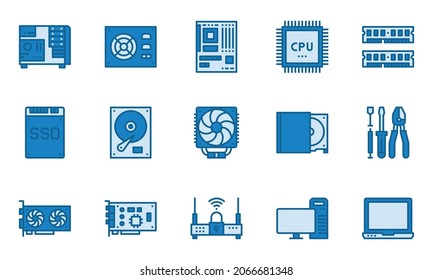 Computer Hardware Icons Blue Color, motherboard, cpu chip, case computer,