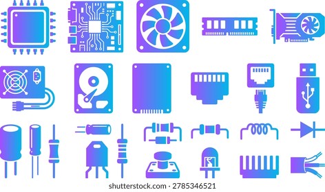 Computer hardware icons, electronic components, CPU, RAM, SSD, HDD, USB, blue gradient.
