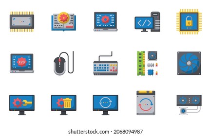 Iconos de hardware de ordenador Color plano, sistema de refrigeración, software, portátil