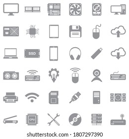 Computer Hardware Icons. Gray Flat Design. Vector Illustration.