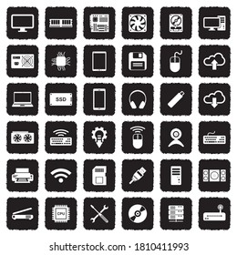 Computerhardware-Symbole. Grunge Black Flat Design. Vektorgrafik.