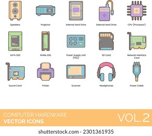 Computer Hardware Icons including Audio, Cable, Battery, CD, CPU, DC, Power, Desktop, Tablet, Ethernet, Cable, External Hard Drive, Full-Tower Case, Gamepad, Graphics Card, HDMI Cable, Headphones
