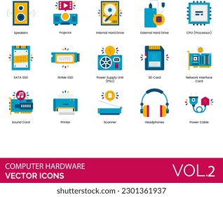 Computer Hardware Icons including Audio, Cable, Battery, CD, CPU, DC, Power, Desktop, Tablet, Ethernet, Cable, External Hard Drive, Full-Tower Case, Gamepad, Graphics Card, HDMI Cable, Headphones
