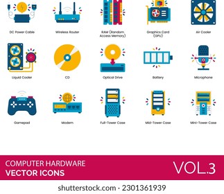 Computer Hardware Icons including Audio, Cable, Battery, CD, CPU, DC, Power, Desktop, Tablet, Ethernet, Cable, External Hard Drive, Full-Tower Case, Gamepad, Graphics Card, HDMI Cable, Headphones
