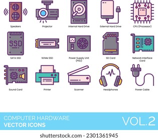 Computer Hardware Icons including Audio, Cable, Battery, CD, CPU, DC, Power, Desktop, Tablet, Ethernet, Cable, External Hard Drive, Full-Tower Case, Gamepad, Graphics Card, HDMI Cable, Headphones

