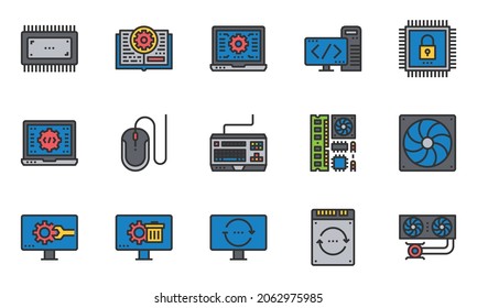 Computer Hardware Icons Line Color, cooling system, software,laptop
