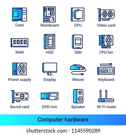 Computer hardware icons in linear style with trendy color gradient. Semi-front isometric line icons of cpu, video card, hdd, ram, mainboard and other computer parts.