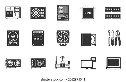 Computer Hardware Icons , motherboard, cpu chip, case computer,