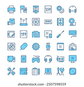 Computer hardware icons. Outline symbols. Vector blue line icons set