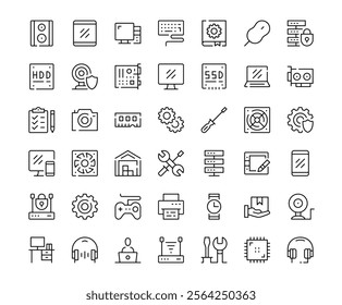 Computer hardware icons. Outline symbols collection. Premium vector line icons set