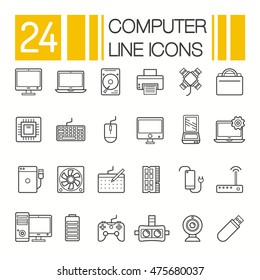 Computer Hardware Icons. PC Components And Devices Thin Line Vector