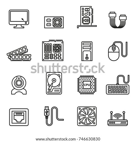 Computer Hardware Icons. PC Components Icons. Line Style stock vector.