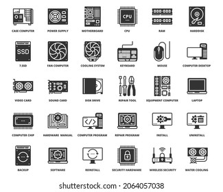 Computer Hardware Icons, Pixel Perfect Design Simple Set For Using In Website Graphics Report Logo Infographics, Best Quality Outline Symbol Collection Icon Vector Illustration 