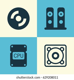 Computer Hardware Icons Set. Collection Of Blank Cd, Loudspeakers, Music And Other Elements. Also Includes Symbols Such As Cd-Rom, Cpu, Audio.