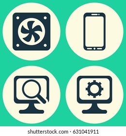Computer Hardware Icons Set. Collection Of Smartphone, PC, Laptop And Other Elements. Also Includes Symbols Such As Setting, Cooler, Smartphone.