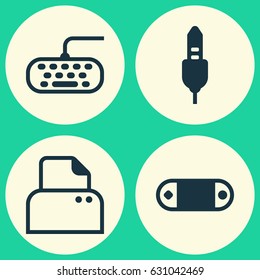 Computer Hardware Icons Set. Collection Of Aux Cord, Radio Set, Computer Keypad And Other Elements. Also Includes Symbols Such As Keyboard, Keypad, Photocopy.