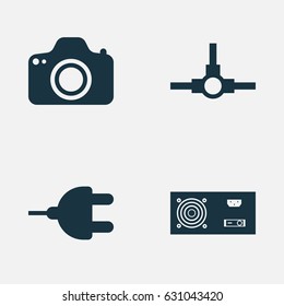 Computer Hardware Icons Set. Collection Of Connector, Network Structure, Camera And Other Elements. Also Includes Symbols Such As Camera, Photo, Power.