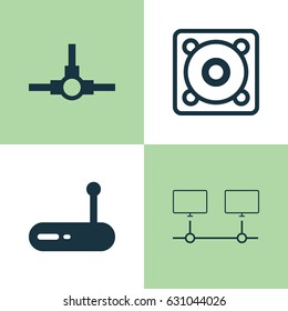 Computer Hardware Icons Set. Collection Of Connected Devices, Music, Router And Other Elements. Also Includes Symbols Such As Connection, Network, Modem.