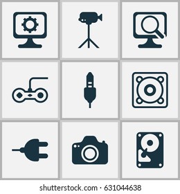 Computer Hardware Icons Set. Collection Of Music, PC, Laptop And Other Elements. Also Includes Symbols Such As Laptop, Video, Movie.