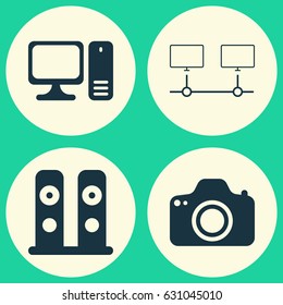Computer Hardware Icons Set. Collection Of Connected Devices, Camera, Desktop Computer And Other Elements. Also Includes Symbols Such As Connection, Loudspeaker, Speaker.