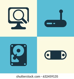 Computer Hardware Icons Set. Collection Of Hdd, Laptop, Radio Set And Other Elements. Also Includes Symbols Such As Laptop, Computer, Router.