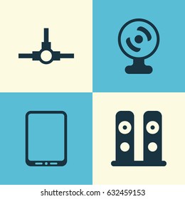 Computer Hardware Icons Set. Collection Of Cellphone, Web Camera, Network Structure And Other Elements. Also Includes Symbols Such As Distribution, Tablet, Webcam.