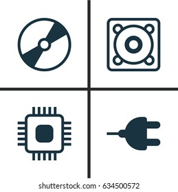 Computer Hardware Icons Set. Collection Of Chip, Music, Cd-Rom And Other Elements. Also Includes Symbols Such As Speaker, Bass, Chip.