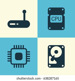 Computer Hardware Icons Set. Collection Of Hdd, Chip, Cpu And Other Elements. Also Includes Symbols Such As Hdd, Modem, Chip.