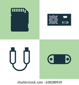 Computer Hardware Icons Set. Collection Of Portable Memory, Memory Card, Power Generator And Other Elements. Also Includes Symbols Such As Memory, Card, Power.