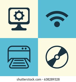 Computer Hardware Icons Set. Collection Of PC, Wireless, Cd-Rom And Other Elements. Also Includes Symbols Such As Cd, Scanner, Printer.