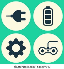 Computer Hardware Icons Set. Collection Of Accumulator Sign, Connector, Settings And Other Elements. Also Includes Symbols Such As Accumulator, Power, Gamepad.