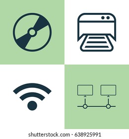 Computer Hardware Icons Set. Collection Of Connected Devices, Wireless, Printed Document And Other Elements. Also Includes Symbols Such As Dvd, Wireless, Connectivity.