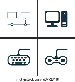 Computer Hardware Icons Set. Collection Of Desktop Computer, Joystick, Connected Devices And Other Elements. Also Includes Symbols Such As Connection, Desktop, Computer.