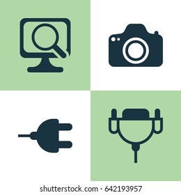 Computer Hardware Icons Set. Collection Of Vga Cord, Connector, Laptop And Other Elements. Also Includes Symbols Such As Photocamera, Camera, Laptop.