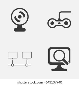 Computer Hardware Icons Set. Collection Of Joystick, Connected Devices, Web Camera And Other Elements. Also Includes Symbols Such As Computer, Console, Gamepad.