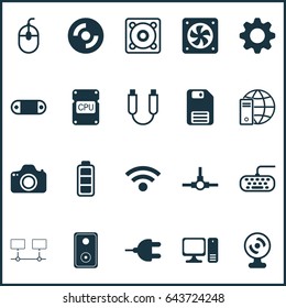 Computer Hardware Icons Set. Collection Of Portable Memory, Computer Keypad, Connector And Other Elements. Also Includes Symbols Such As Wireless, Web, Sound.