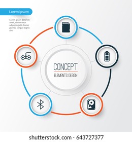 Computer Hardware Icons Set. Collection Of Hdd, Accumulator Sign, Joystick And Other Elements. Also Includes Symbols Such As Symbol, Gamepad, Battery.