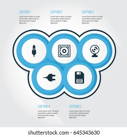 Computer Hardware Icons Set. Collection Of Connector, Diskette, Music And Other Elements. Also Includes Symbols Such As Save, Camera, Dskette.