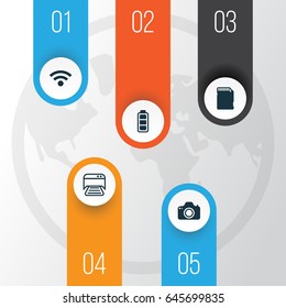 Computer Hardware Icons Set. Collection Of Camera, Accumulator Sign, Wireless And Other Elements. Also Includes Symbols Such As Wifi, Photo, Camera.