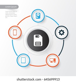 Computer Hardware Icons Set. Collection Of Desktop Computer, Smartphone, Hdd And Other Elements. Also Includes Symbols Such As Dskette, Desktop, Mobile.