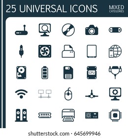 Computer Hardware Icons Set. Collection Of Cellphone, Vga Cord, Control Device And Other Elements. Also Includes Symbols Such As Hardware, Tablet, Accumulator.
