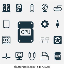 Computer Hardware Icons Set. Collection Of Portable Memory, Loudspeakers, Music And Other Elements. Also Includes Symbols Such As Aux, Smartphone, Distribution.
