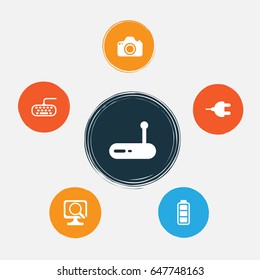 Computer Hardware Icons Set. Collection Of Computer Keypad, Camera, Accumulator Sign And Other Elements. Also Includes Symbols Such As Laptop, Camera, Router.