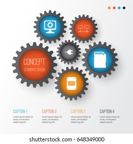 Computer Hardware Icons Set. Collection Of Cpu, Connected Devices, Memory Card And Other Elements. Also Includes Symbols Such As Plug, Computer, Card.
