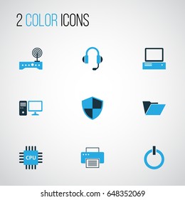 Computer Hardware Icons Set. Collection Of PC, Computer, Modem And Other Elements. Also Includes Symbols Such As Firewall, PC, Folder.