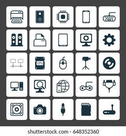 Computer Hardware Icons Set. Collection Of Camcorder, Router, Internet Network And Other Elements. Also Includes Symbols Such As Scanner, Printer, Movie.
