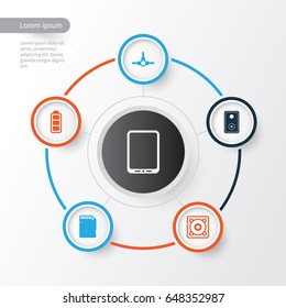 Computer Hardware Icons Set. Collection Of Accumulator Sign, Memory Card, Cellphone And Other Elements. Also Includes Symbols Such As Accumulator, Loudspeaker, Tablet.